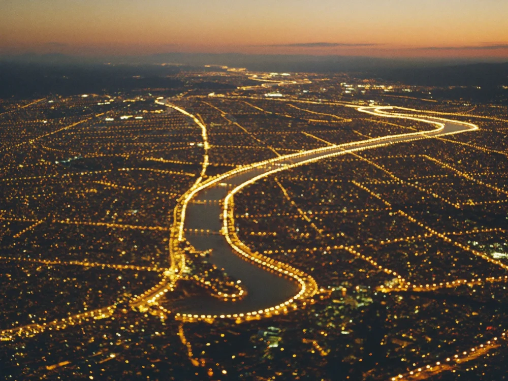 A glittering city at dusk